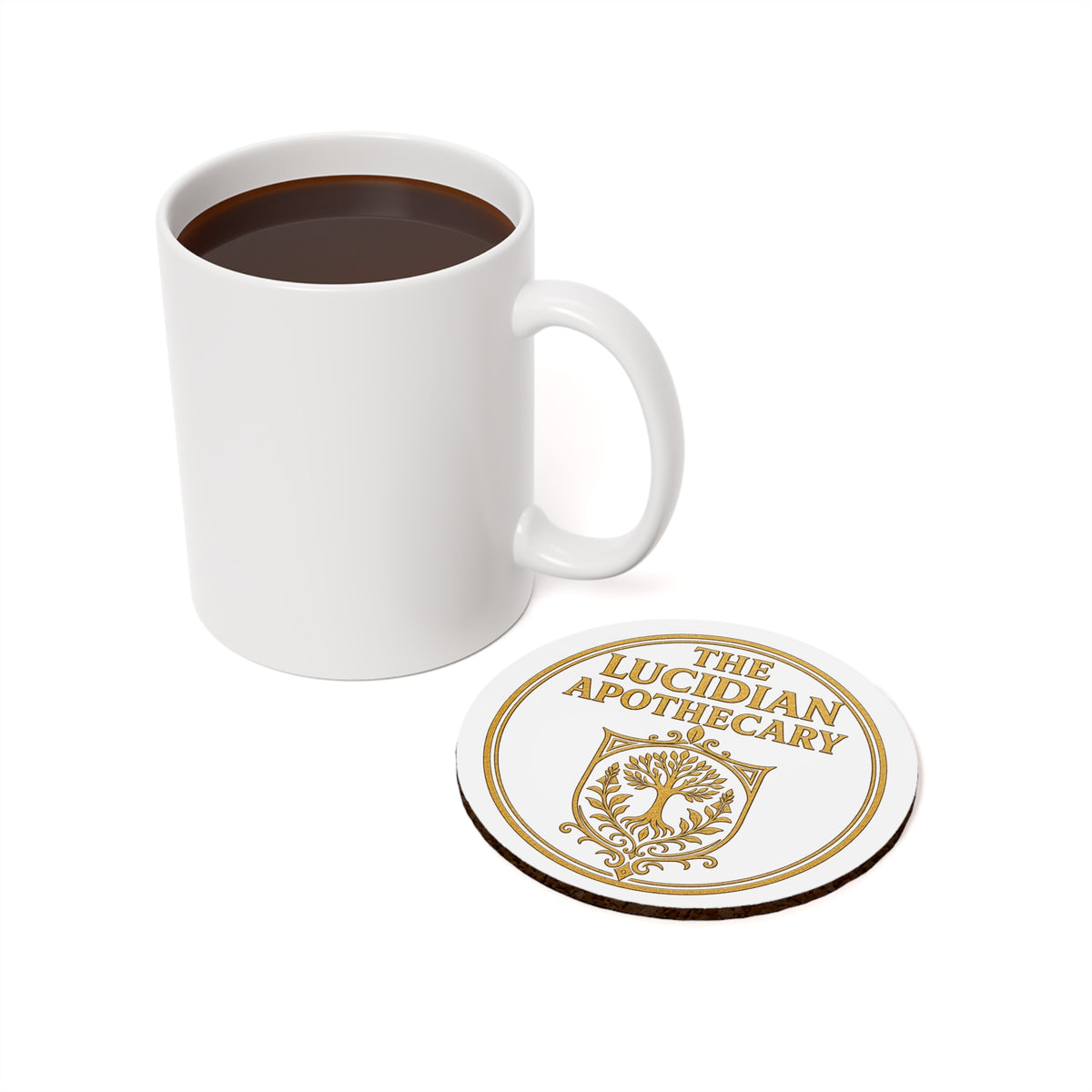 The Lucidian Apothecary Cork Coaster — Vintage Herbal Logo Drink Coaster
