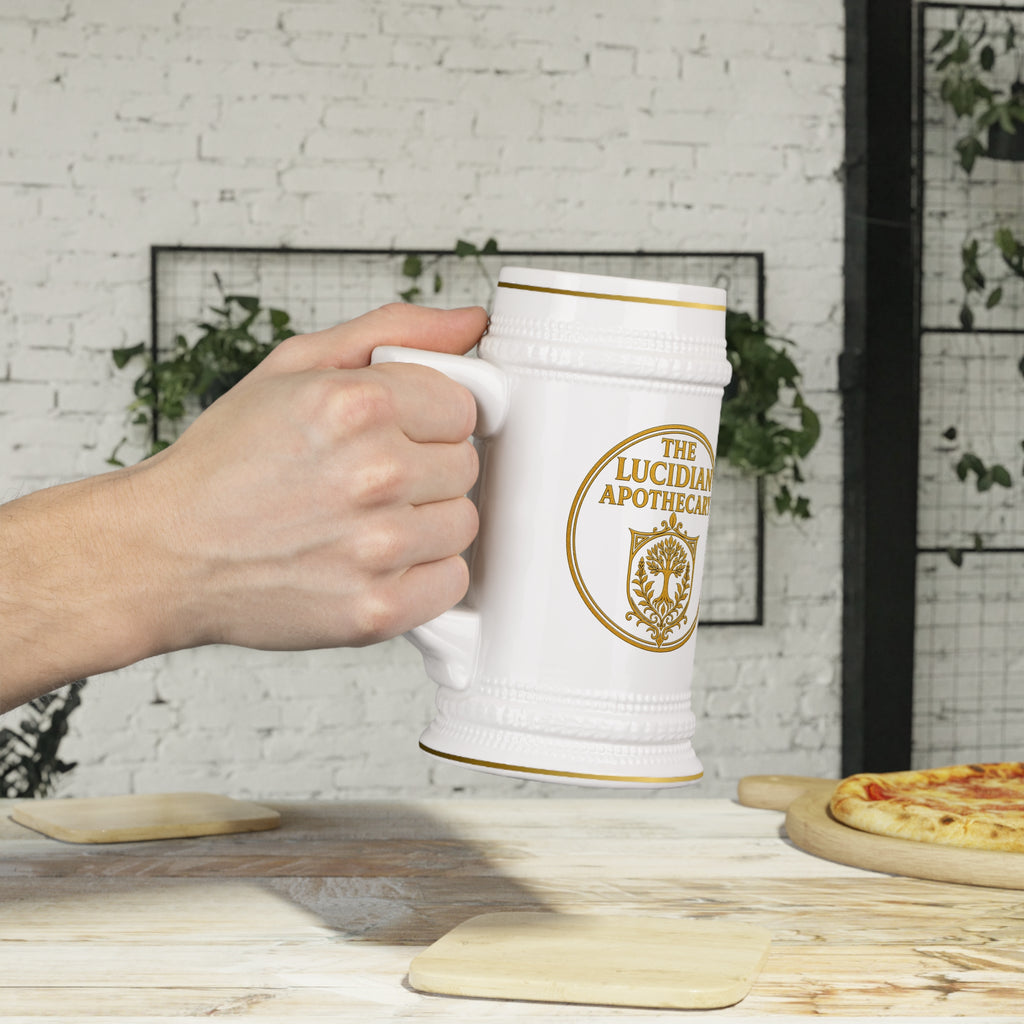 The Lucidian Apothecary Beer Stein Mug — Vintage Gold Crest Ceramic Pint