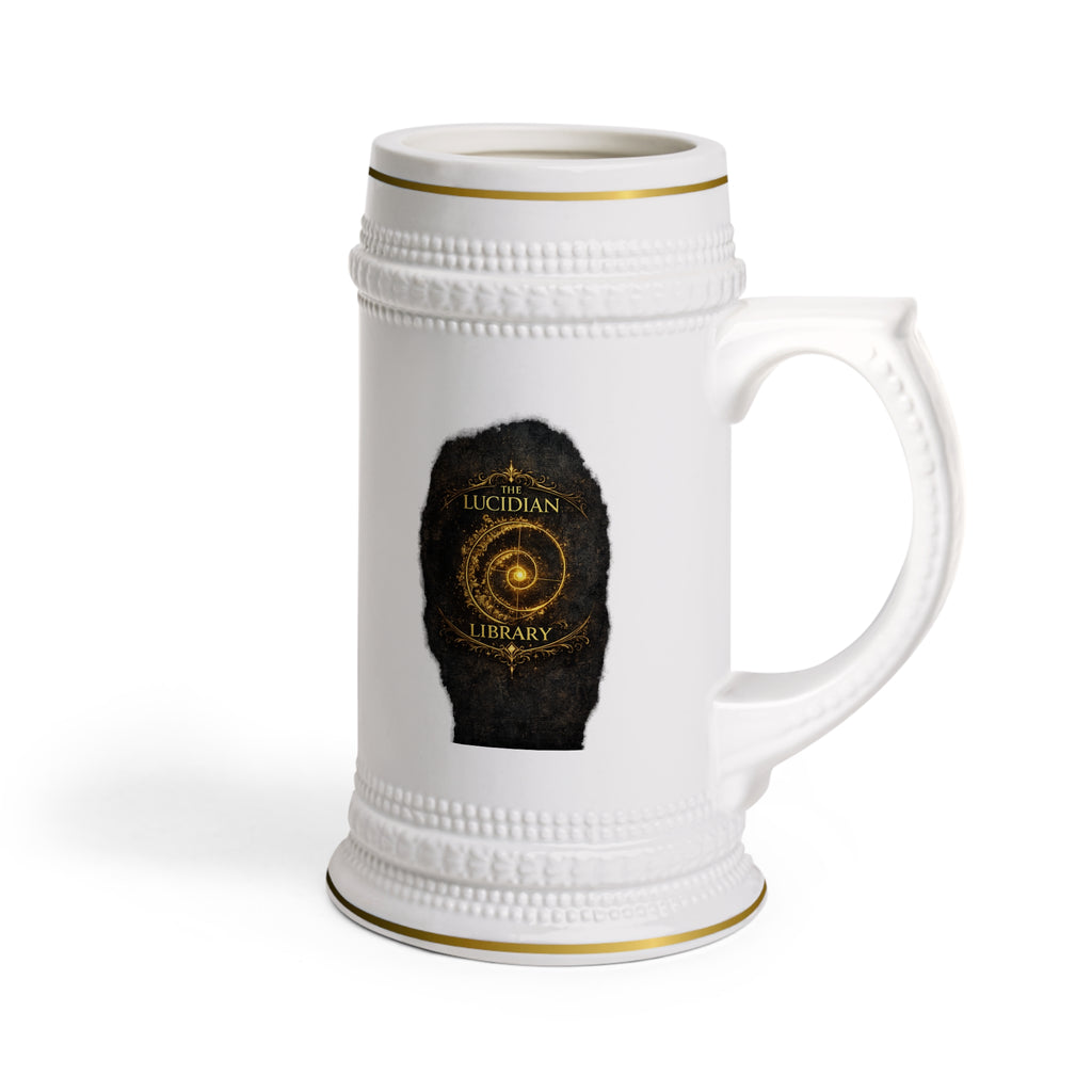 The Lucidian Apothecary Beer Stein Mug — Vintage Gold Crest Ceramic Pint