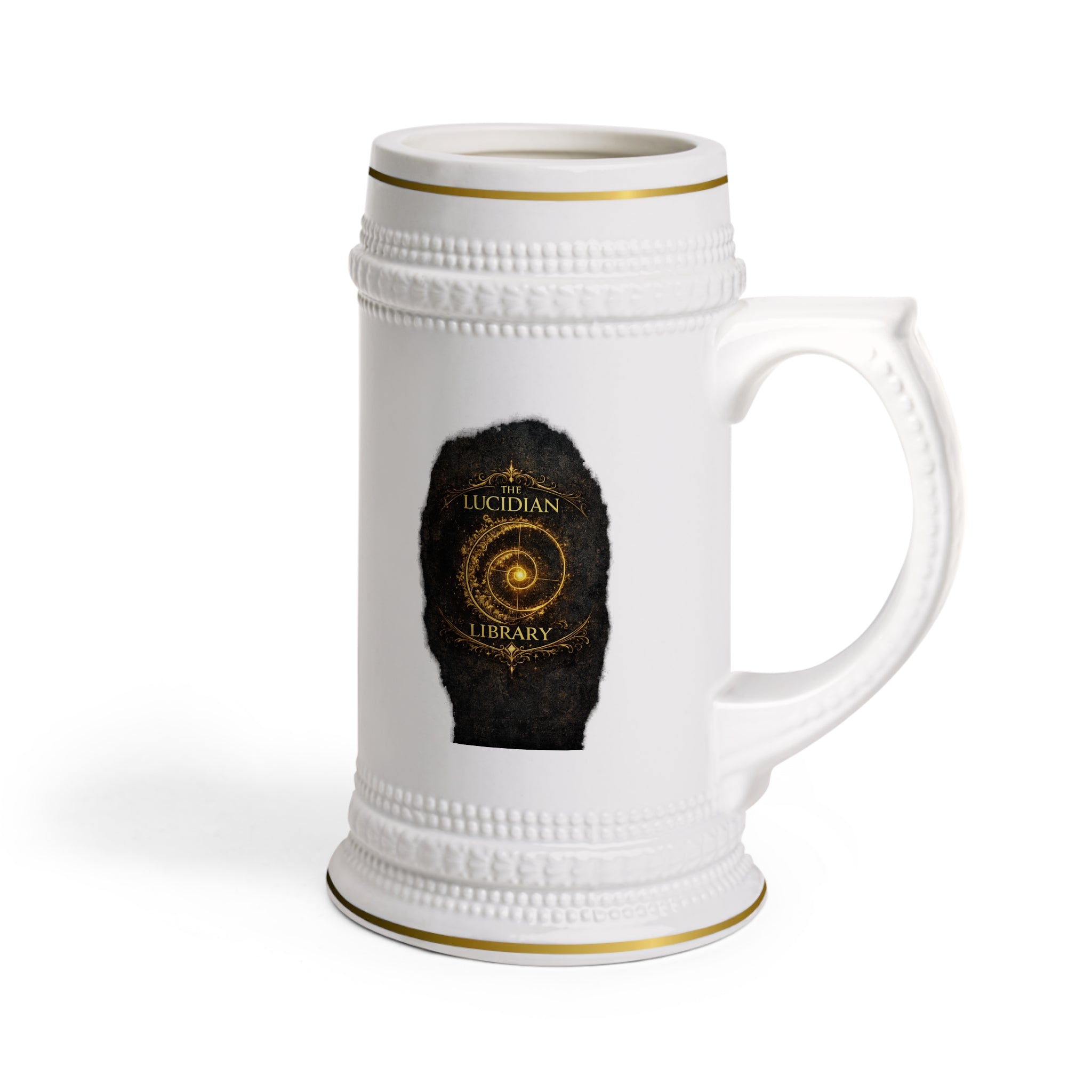 The Lucidian Apothecary Beer Stein Mug — Vintage Gold Crest Ceramic Pint
