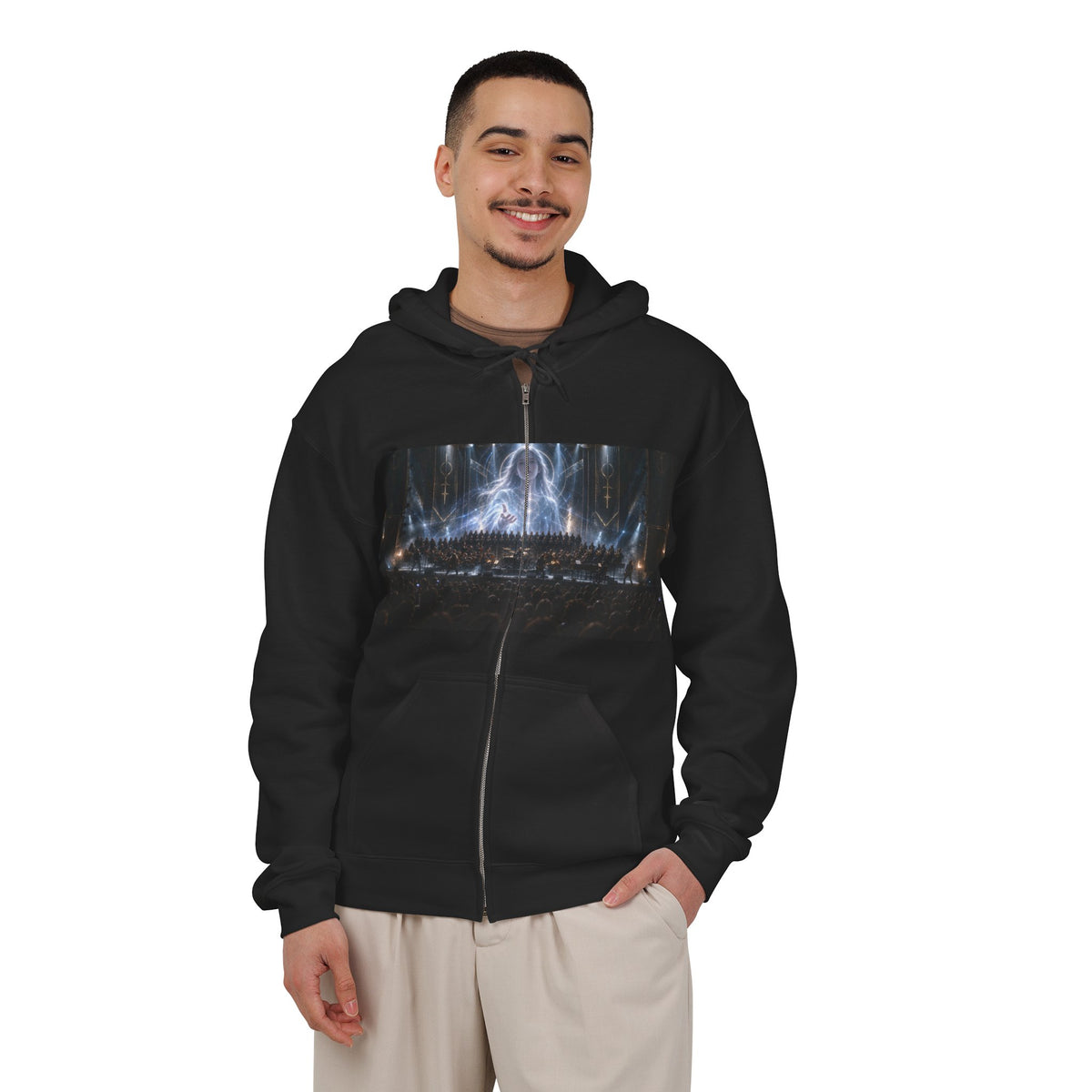 Lucidian Orchestra Zip Hoodie — Symphonic Stage Art Full-Zip Sweatshirt