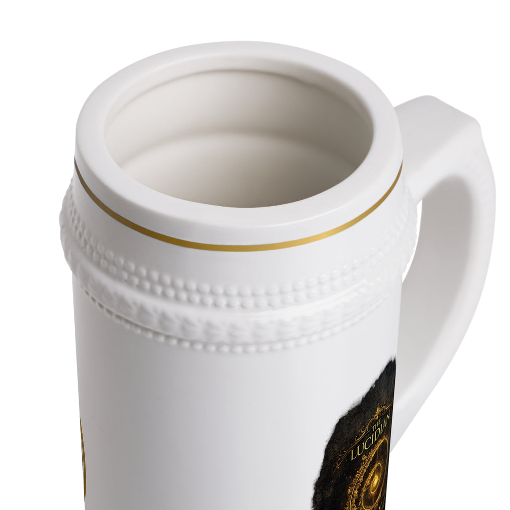 The Lucidian Apothecary Beer Stein Mug — Vintage Gold Crest Ceramic Pint