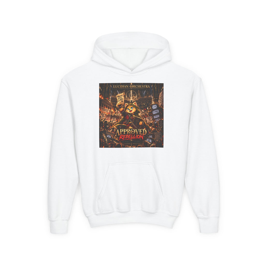 Youth Hoodie — 'Approved Mutation' Graphic Hoodie with Gold Symbol Back