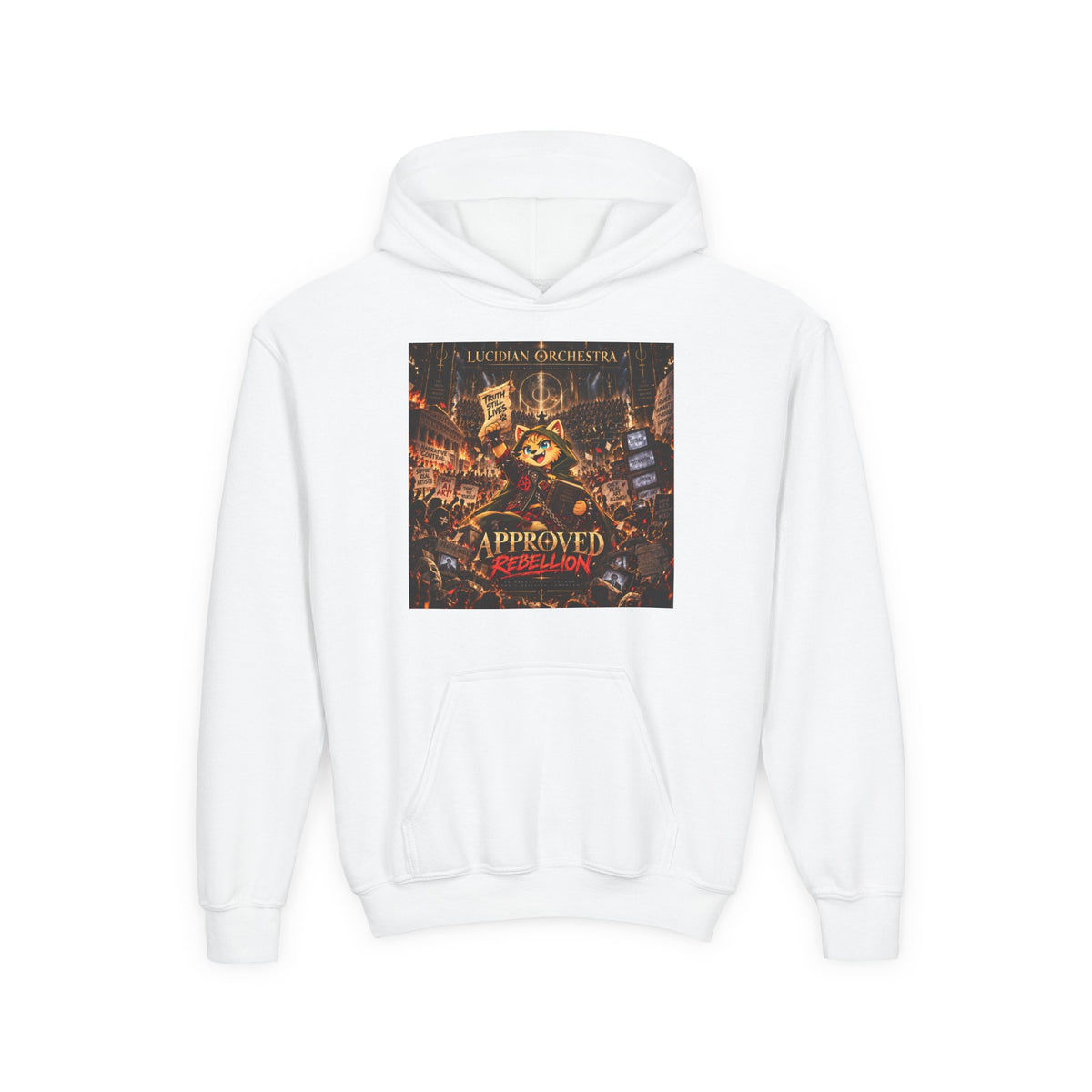 Youth Hoodie — 'Approved Mutation' Graphic Hoodie with Gold Symbol Back