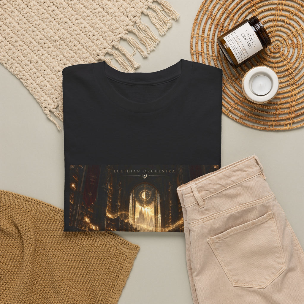T-Shirt — Mystical Cathedral Graphic Tee with Gold Sigil (The Light Beyond the Halls)