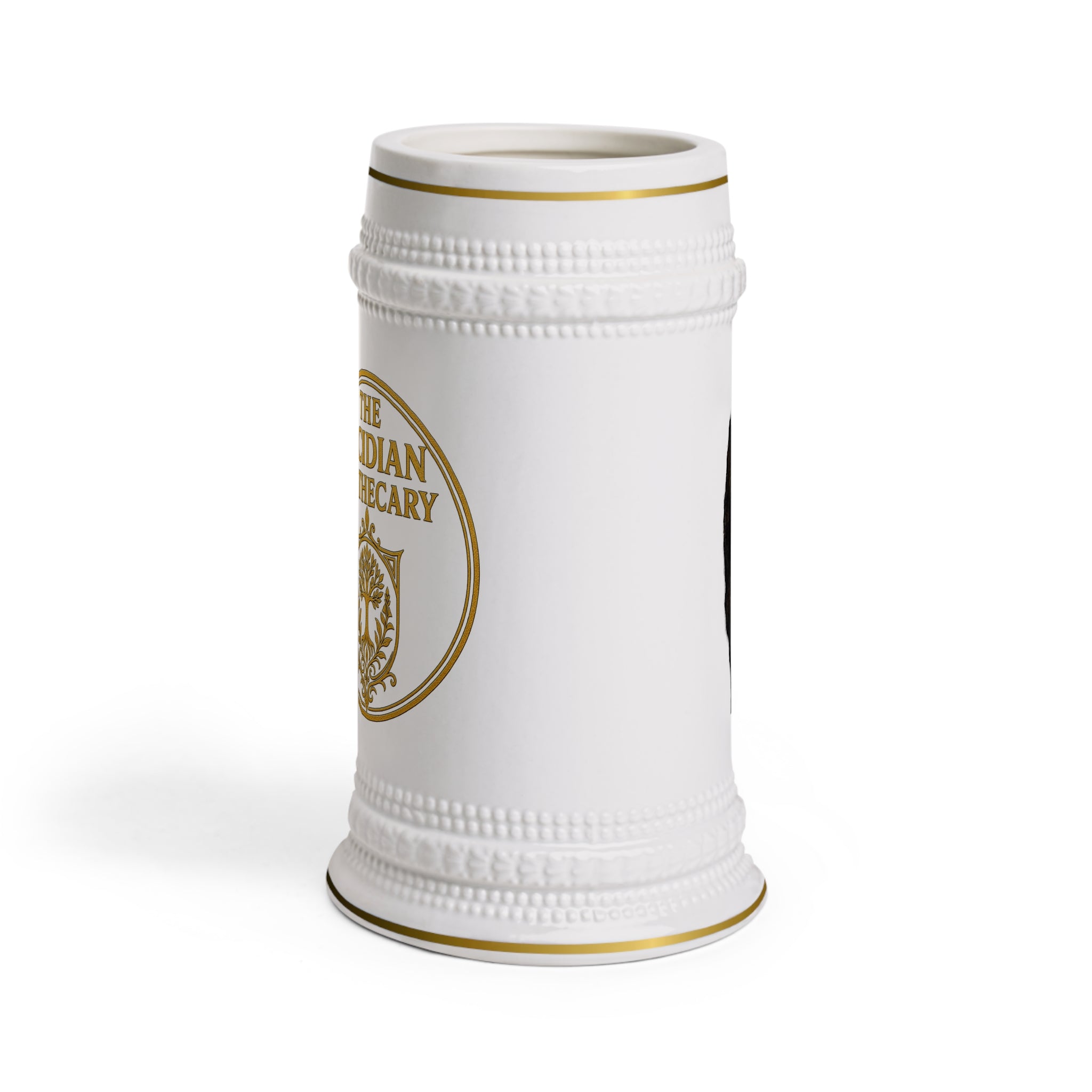 The Lucidian Apothecary Beer Stein Mug — Vintage Gold Crest Ceramic Pint