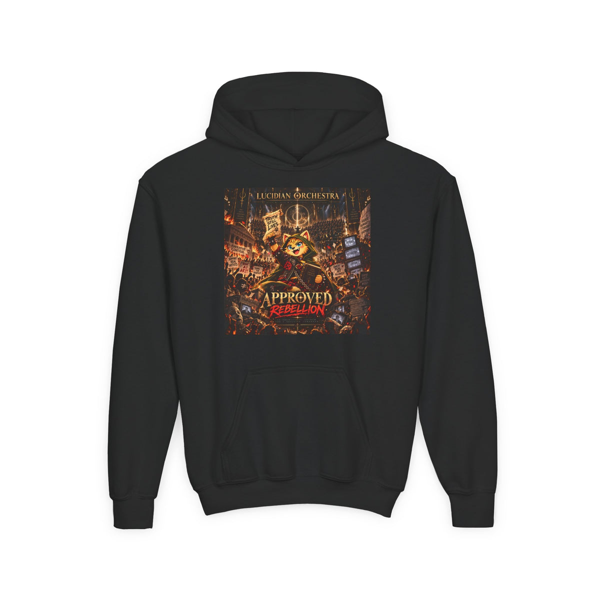 Youth Hoodie — 'Approved Mutation' Graphic Hoodie with Gold Symbol Back