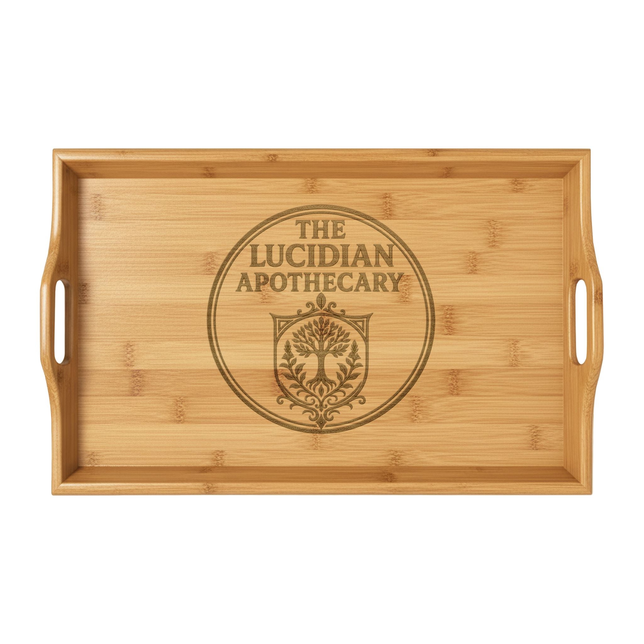 Engraved Bamboo Serving Tray — "The Lucidian Apothecary" Decorative Breakfast & Charcuterie Tray