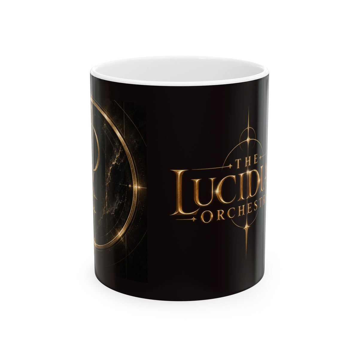 Lucidian Orchestra Logo Ceramic Mug – Gold Emblem Coffee Cup (11oz)