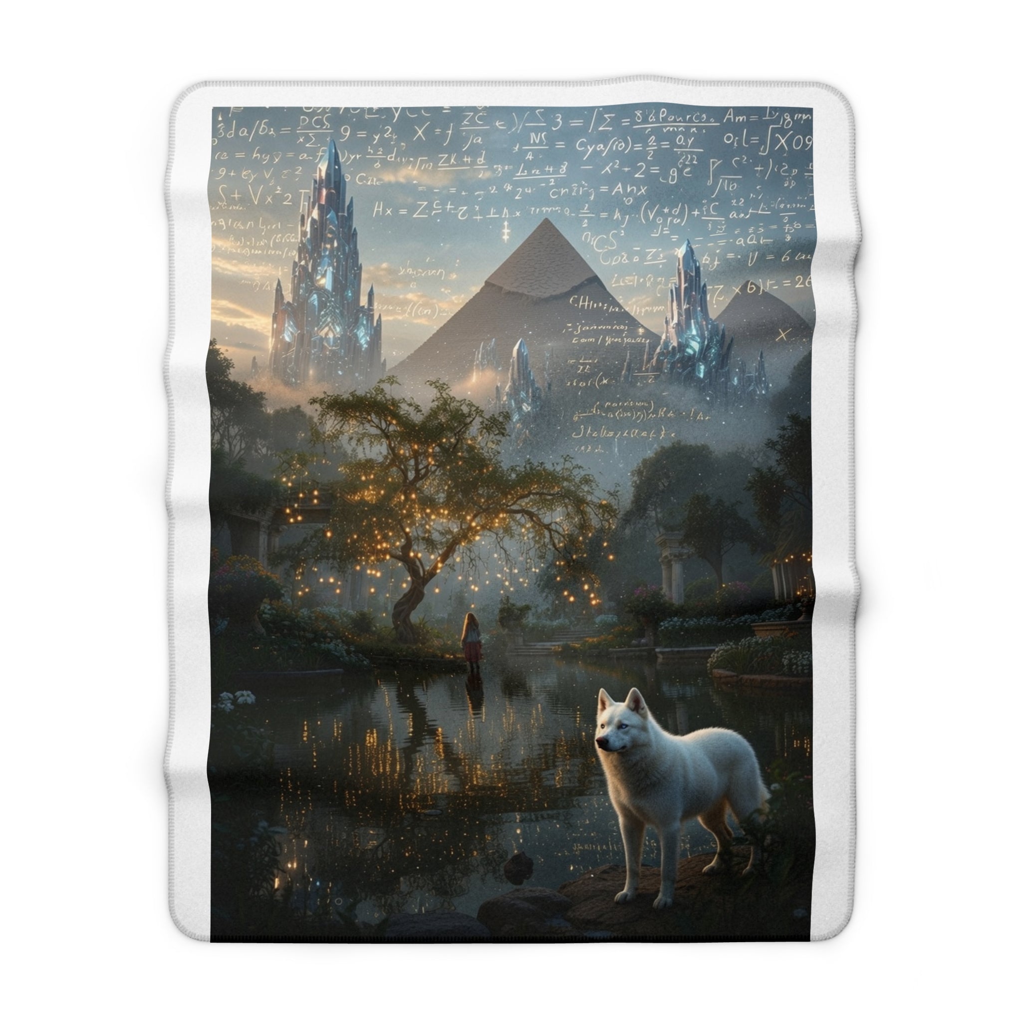 Mystic Wolf Sherpa Fleece Blanket — Fantasy Castle, Pyramid & Starlit Woodland Throw