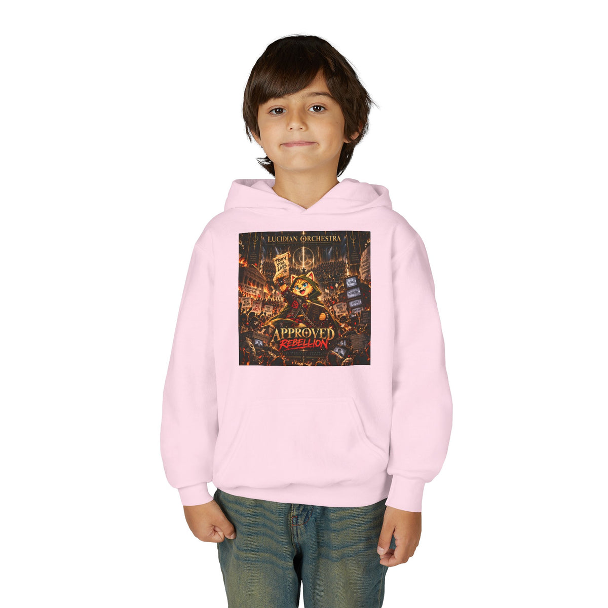 Youth Hoodie — 'Approved Mutation' Graphic Hoodie with Gold Symbol Back