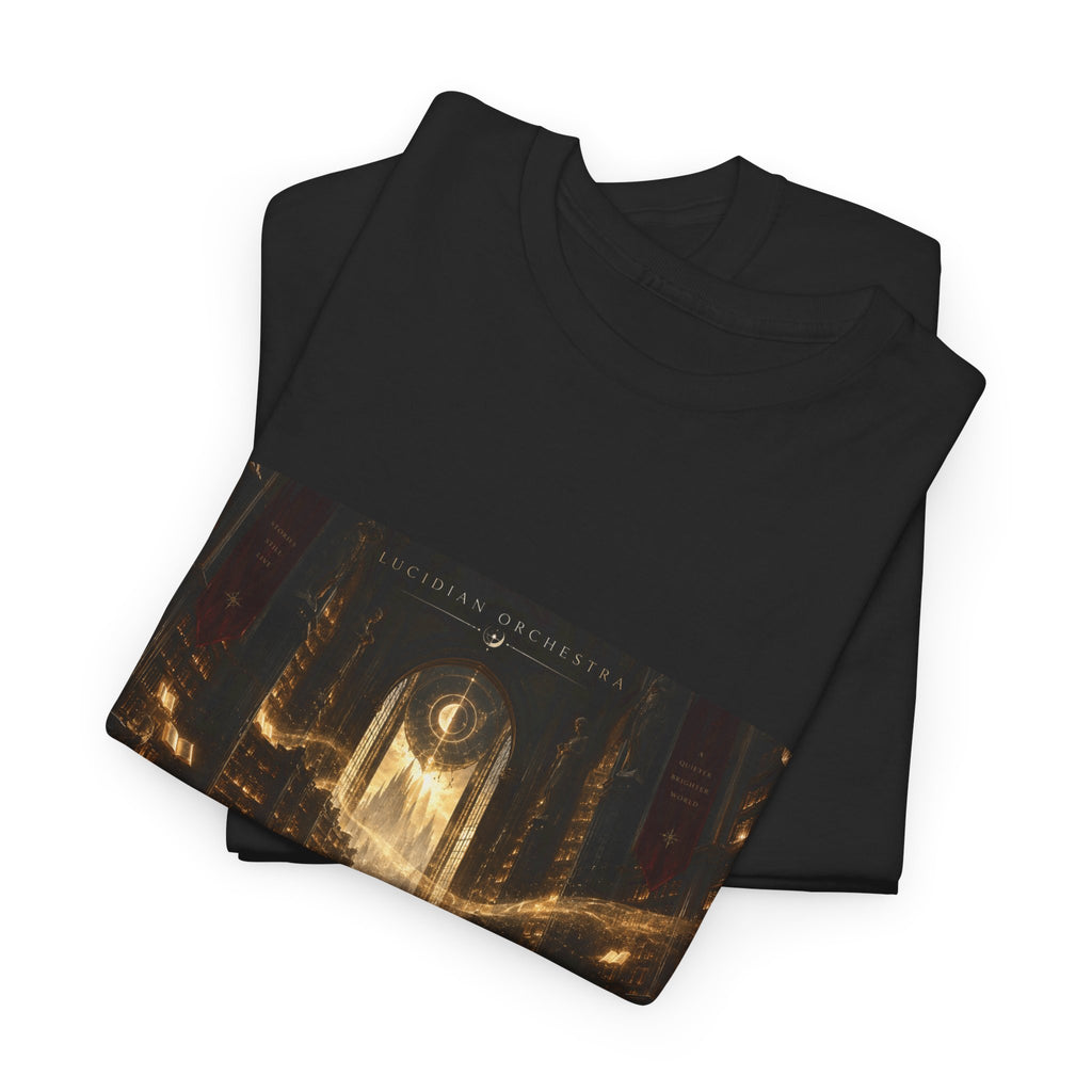 T-Shirt — Mystical Cathedral Graphic Tee with Gold Sigil (The Light Beyond the Halls)