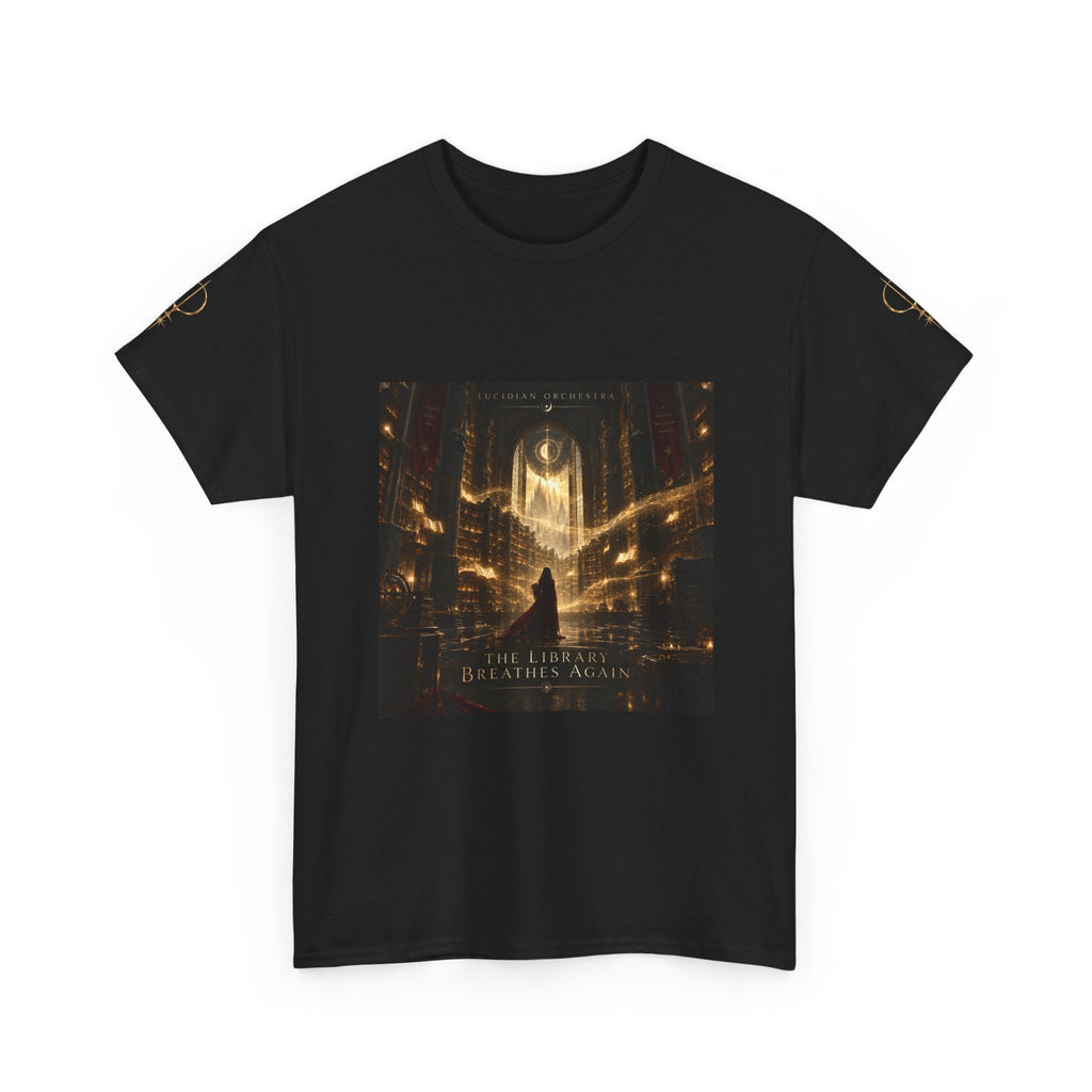 T-Shirt — Mystical Cathedral Graphic Tee with Gold Sigil (The Light Beyond the Halls)