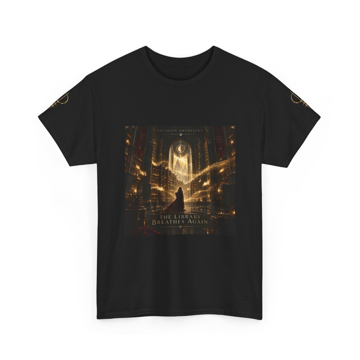 T-Shirt — Mystical Cathedral Graphic Tee with Gold Sigil (The Light Beyond the Halls)