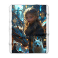 Fantasy Dragon & Wolf Sherpa Fleece Blanket — Magical Girl Portrait Cozy Throw