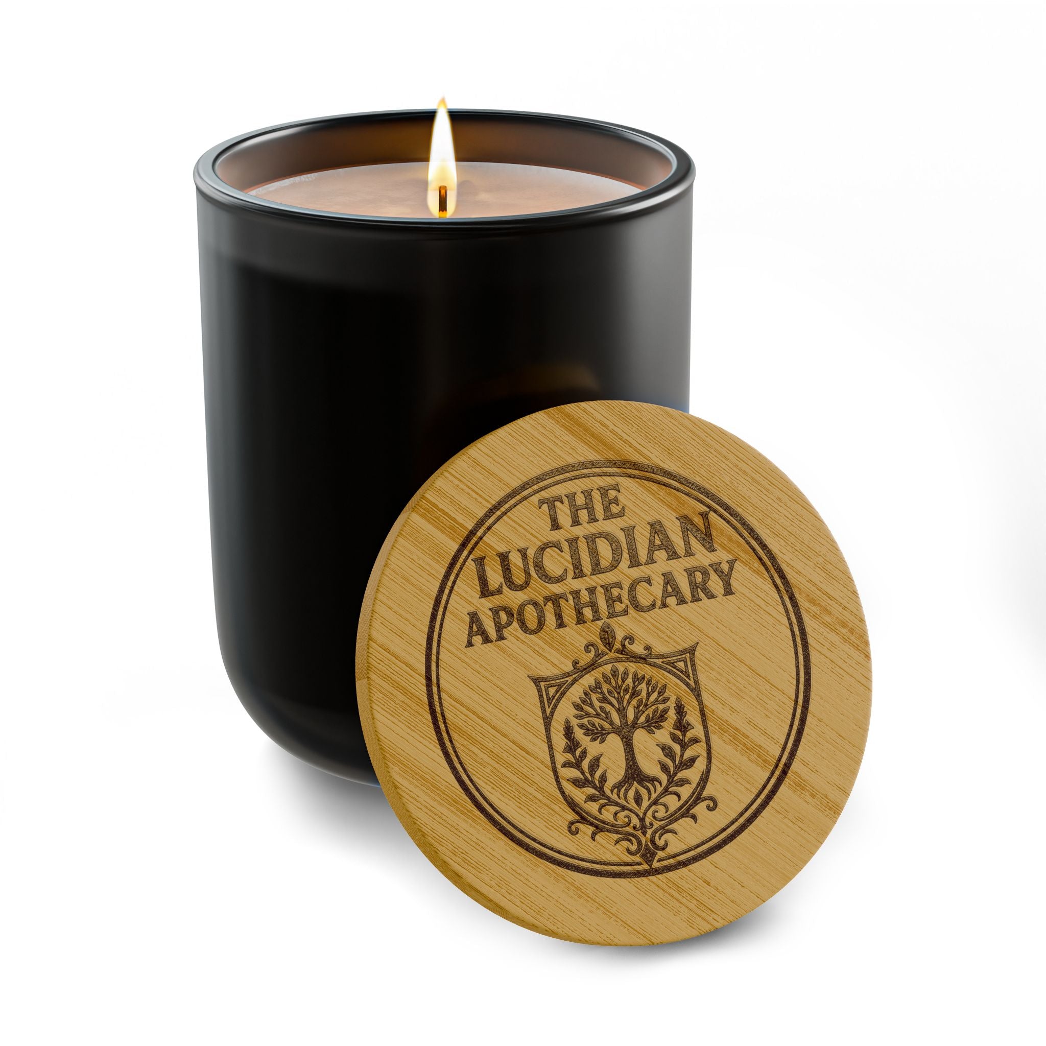 Engraved 14oz Scented Soy Candle — 'The Lucidian Apothecary' Wooden Lid