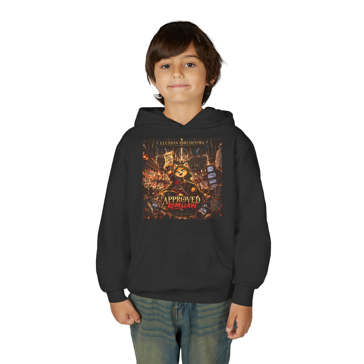 Youth Hoodie — 'Approved Mutation' Graphic Hoodie with Gold Symbol Back