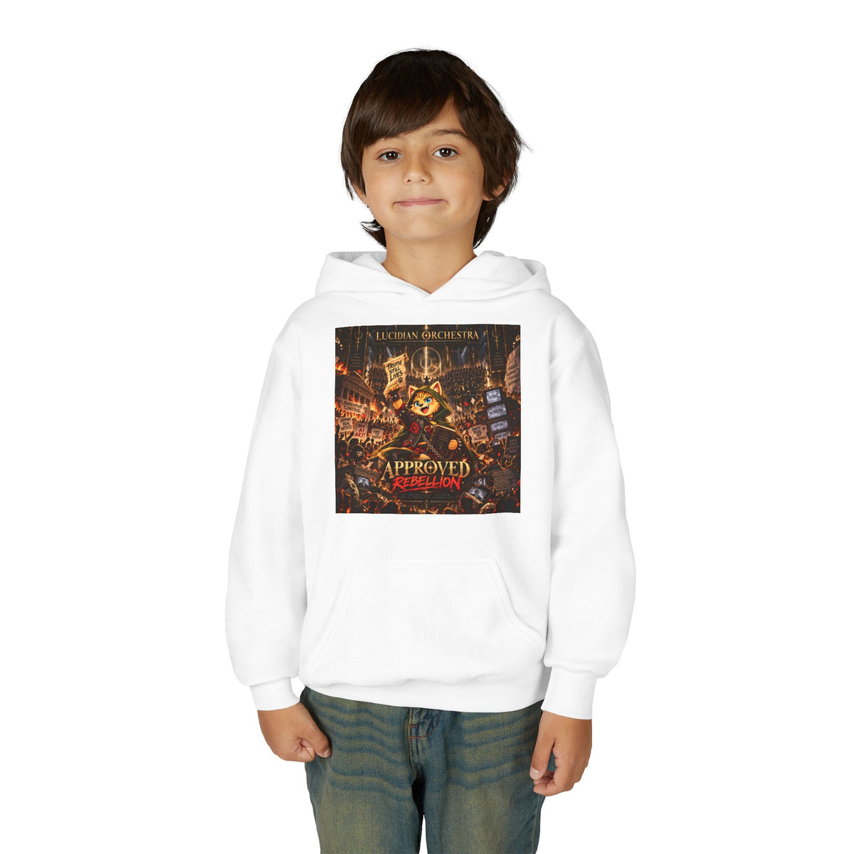 Youth Hoodie — 'Approved Mutation' Graphic Hoodie with Gold Symbol Back