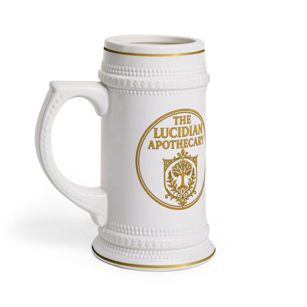 The Lucidian Apothecary Beer Stein Mug — Vintage Gold Crest Ceramic Pint