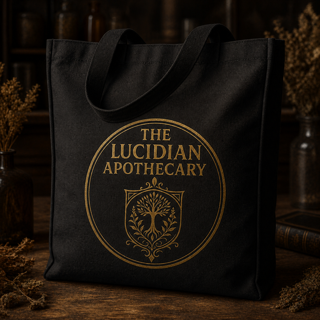 Black and antique-gold Lucidian Apothecary crest tote concept