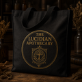 Black and antique-gold Lucidian Apothecary crest tote concept